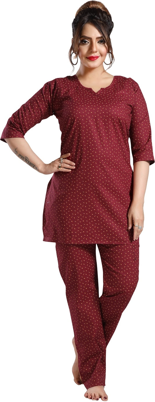 Fabme Women's Maroon Printed Cotton EveryDay  Co-Ord Set