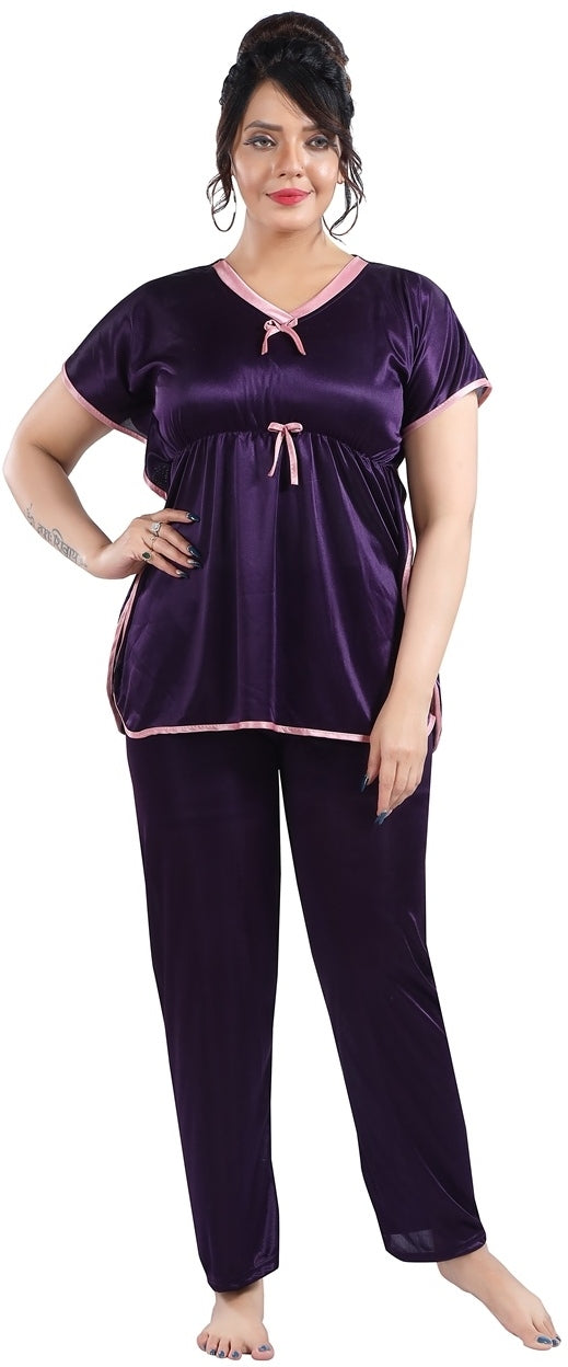 Fabme Women's Purple Plain Satin EveryDay  Top and Pyjama Set