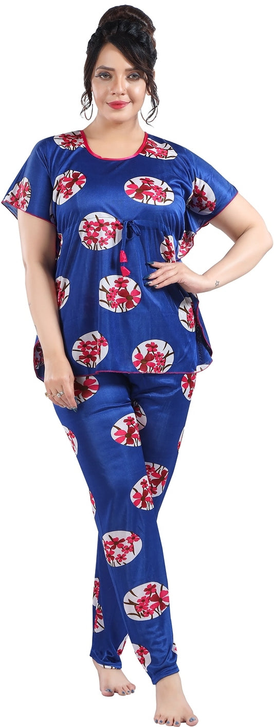 Fabme Women's Blue Printed Satin EveryDay  Top and Pyjama Set