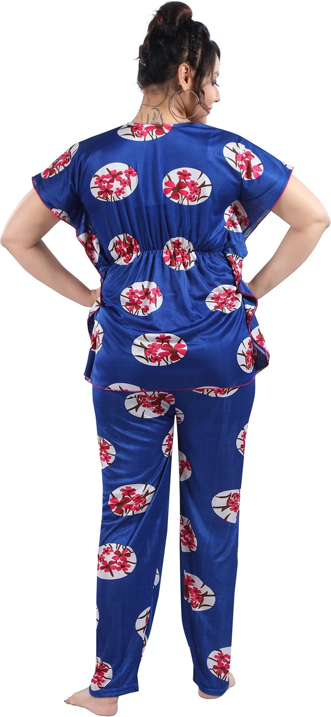 Fabme Women's Blue Printed Satin EveryDay  Top and Pyjama Set