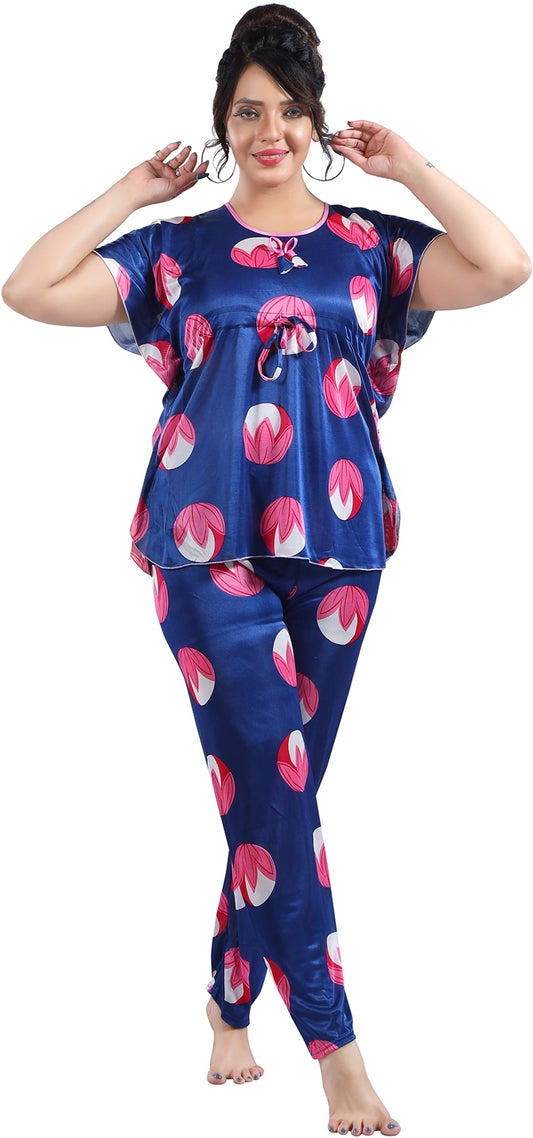 Fabme Women's Blue Printed Satin EveryDay  Top and Pyjama Set