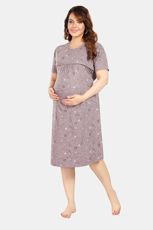 Fabme Women's Light Chocolate Horizontal Zip Pure Cotton Knee Length Maternity Night Dress Nighty