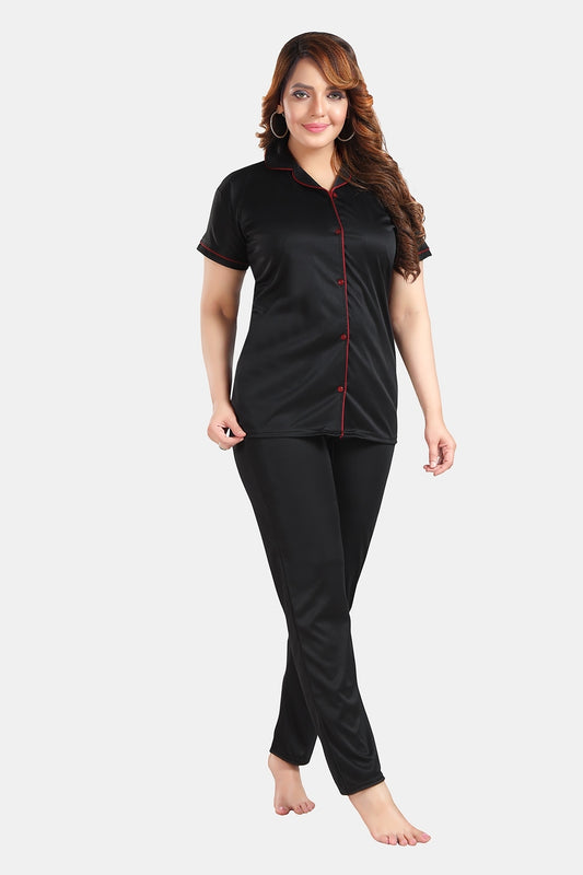 Fabme Women's Black Printed Viscose Polyester EveryDay  Top and Pyjama Set