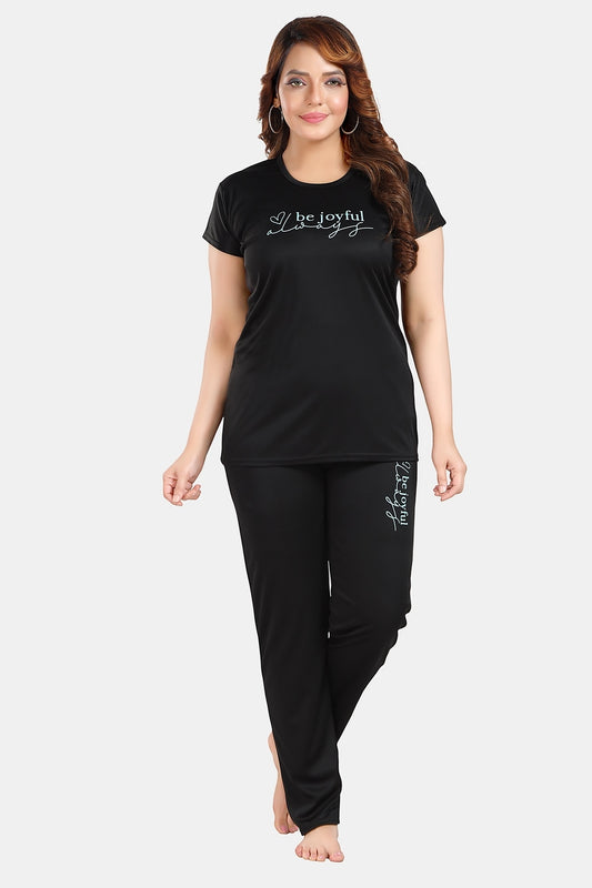 Fabme Women's Black Motif Print Viscose Polyester EveryDay  Top and Pyjama Set