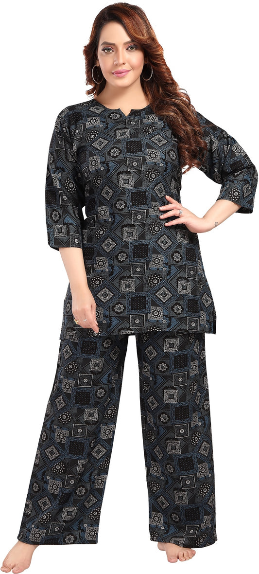 Fabme Women's Black Motif Print Rayon EveryDay  Co-Ord Set