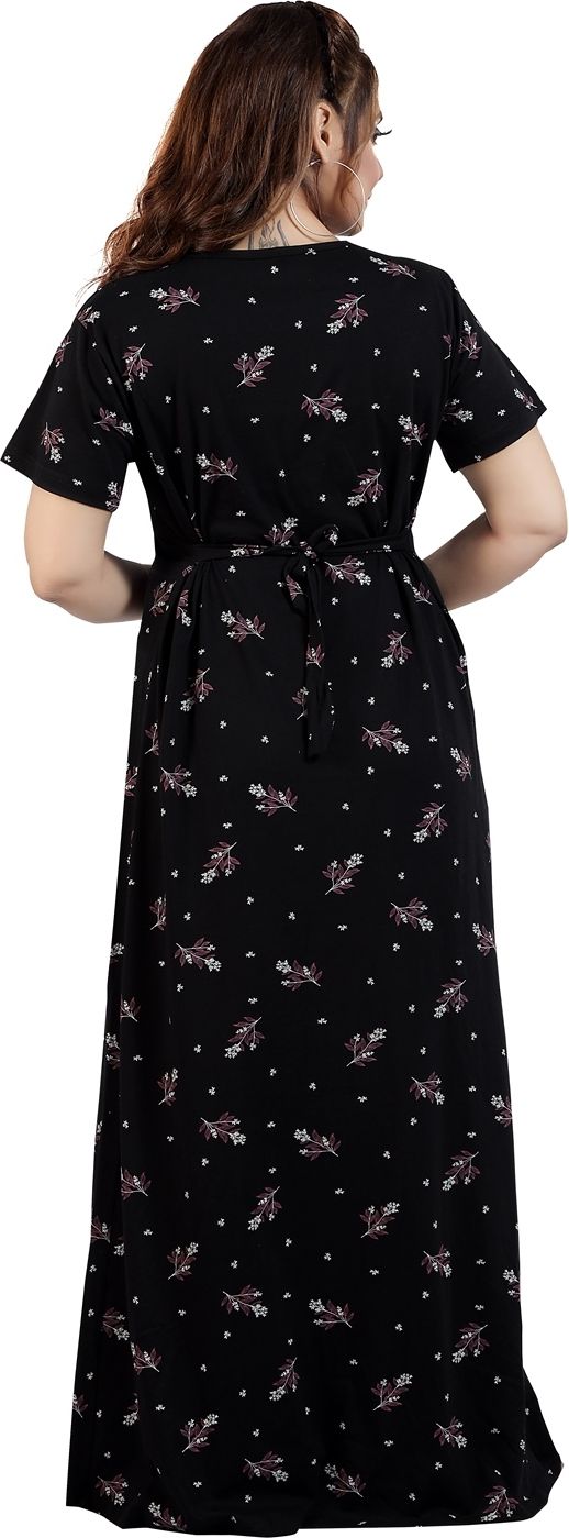 Fabme Women's Black Printed Pure Sinker Cotton Full Length Nursing and Maternity NightDress Nighty