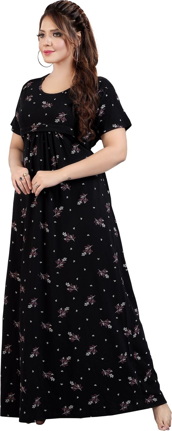 Fabme Women's Black Printed Pure Sinker Cotton Full Length Nursing and Maternity NightDress Nighty