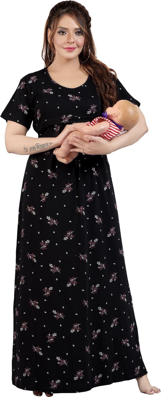 Fabme Women's Black Printed Pure Sinker Cotton Full Length Nursing and Maternity NightDress Nighty