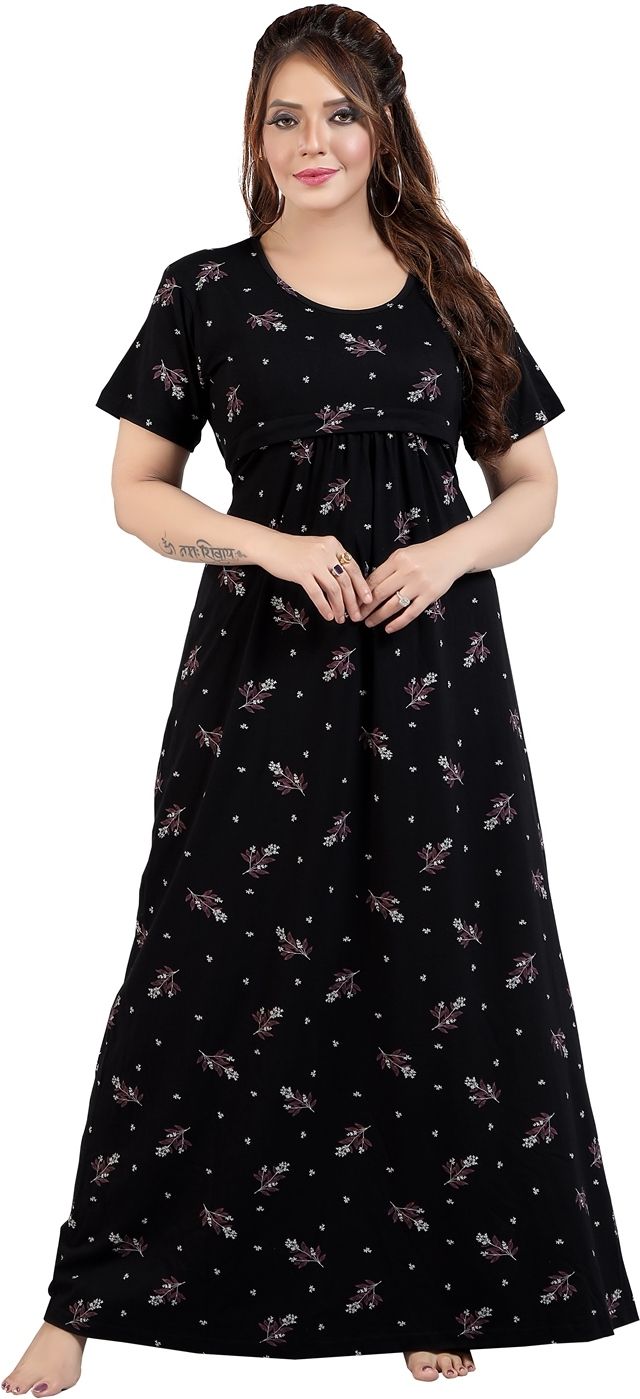 Fabme Women's Black Printed Pure Sinker Cotton Full Length Nursing and Maternity NightDress Nighty