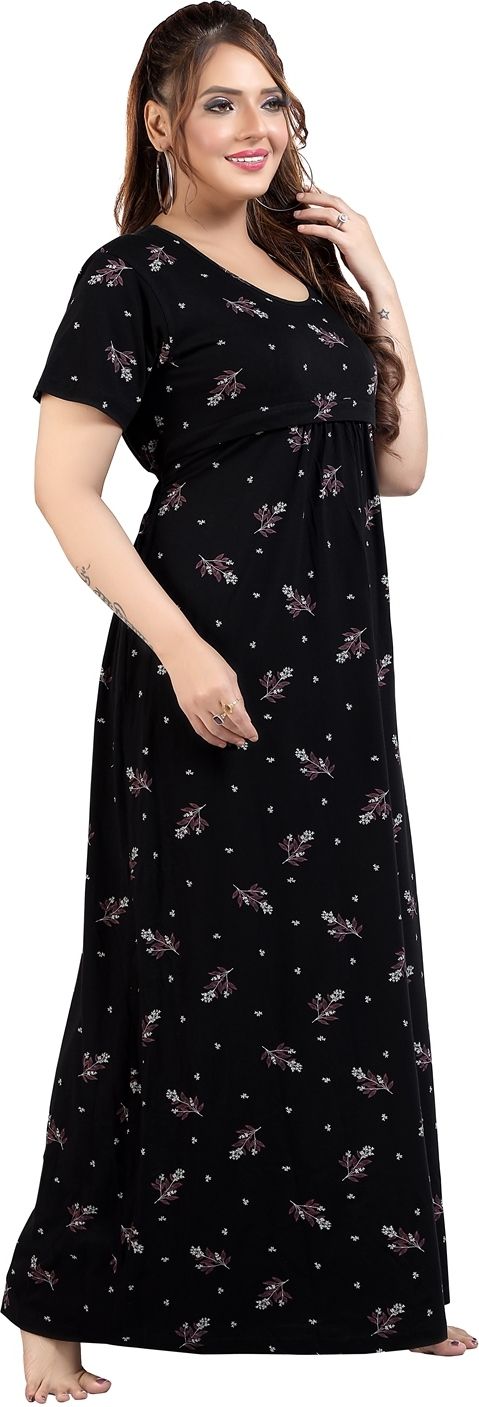 Fabme Women's Black Printed Pure Sinker Cotton Full Length Nursing and Maternity NightDress Nighty