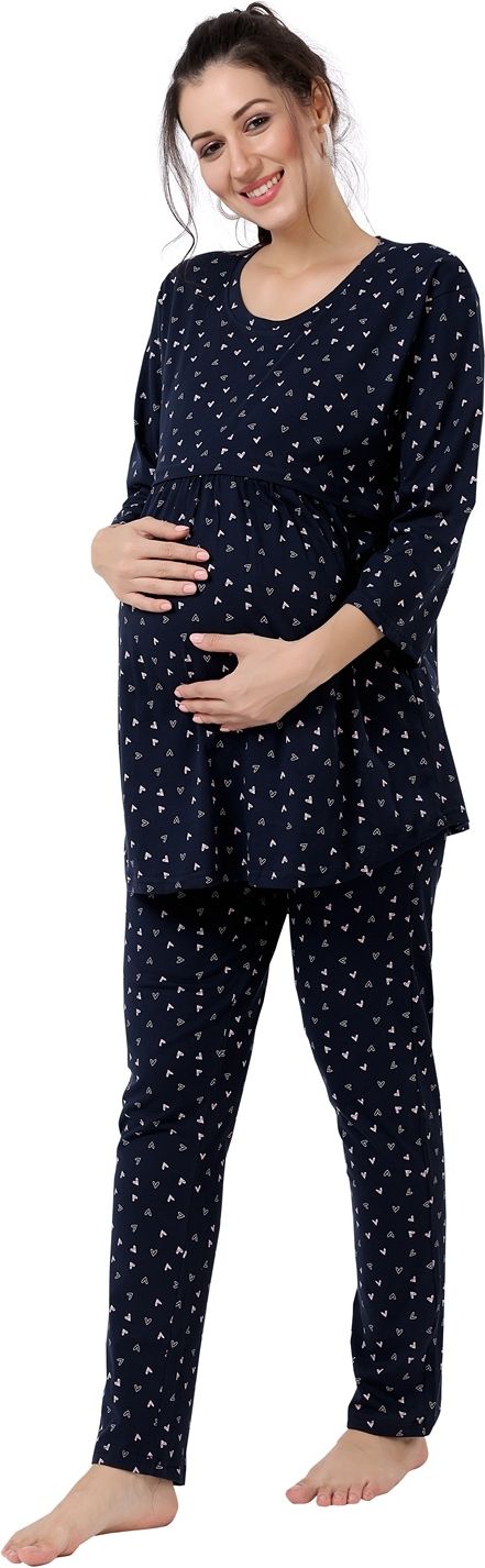 Fabme Women's Three Fourth Sleeves Pre and Post Pregnancy Nursing Night Suit, Navy Blue
