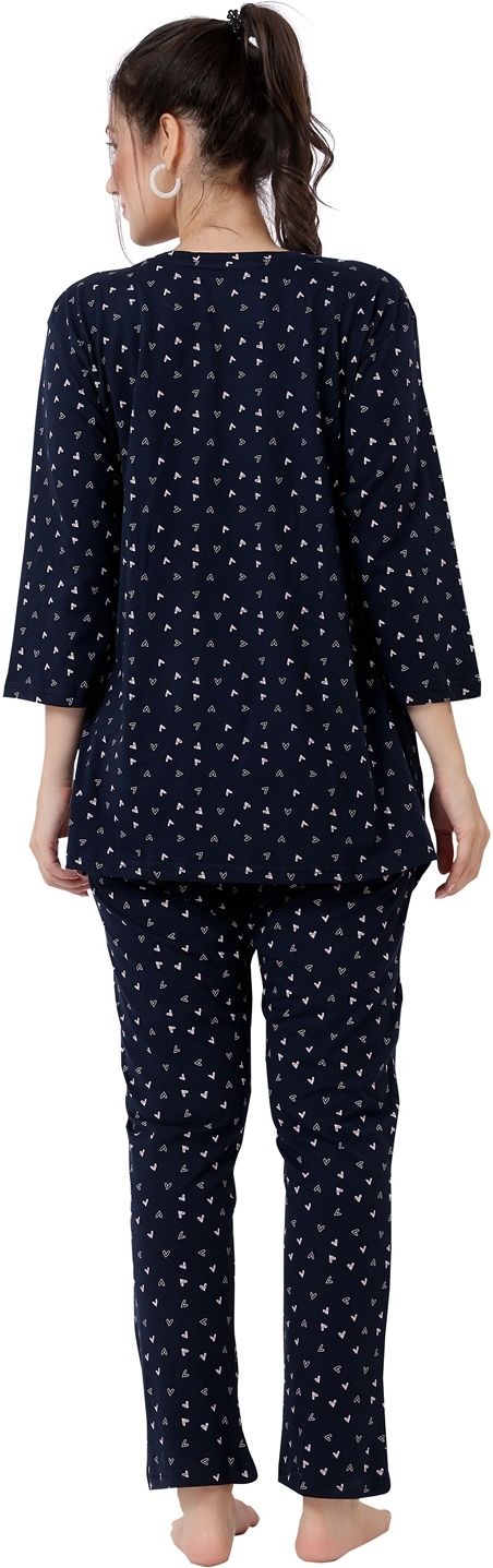 Fabme Women's Three Fourth Sleeves Pre and Post Pregnancy Nursing Night Suit, Navy Blue