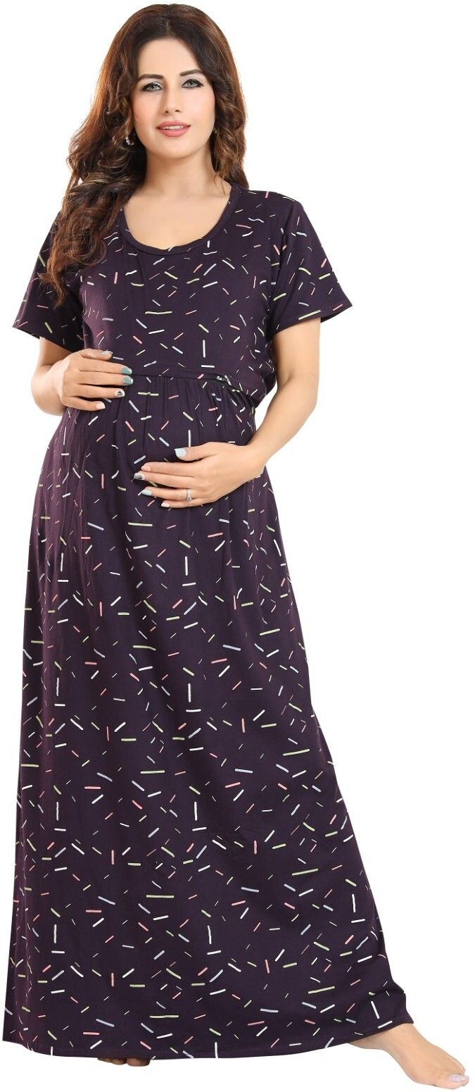 Fabme Women's Full Length Printed Pre and Post Pregnancy Pure Cotton Nursing Nightdress Nighty - Purple