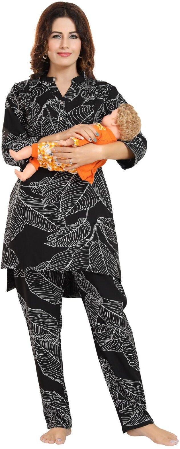 Fabme Women's Cotton Maternity Night Suit Set|Nursing|Feeding Printed Tunic & Bottom Coord