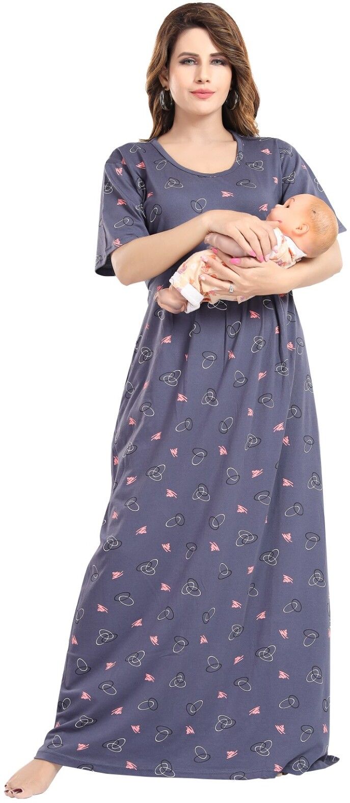 Fabme Women's Full Length Printed Pre and Post Pregnancy Pure Cotton Nursing Nightdress Nighty - Grey