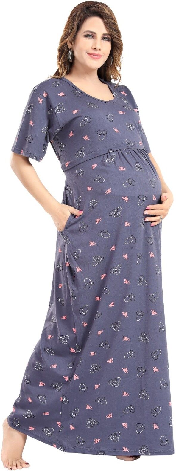 Fabme Women's Full Length Printed Pre and Post Pregnancy Pure Cotton Nursing Nightdress Nighty - Grey