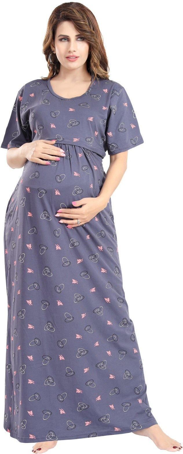 Fabme Women's Full Length Printed Pre and Post Pregnancy Pure Cotton Nursing Nightdress Nighty - Grey