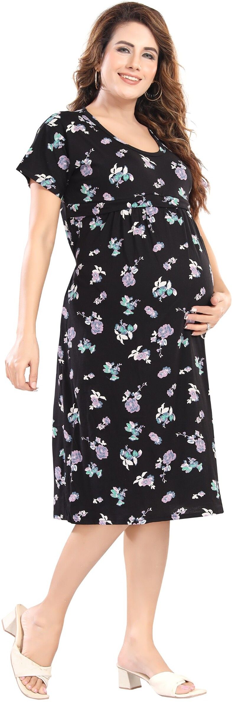 Fabme Women's Pre and Post Pregnancy Below Knee Length Nursing Nighty - Black