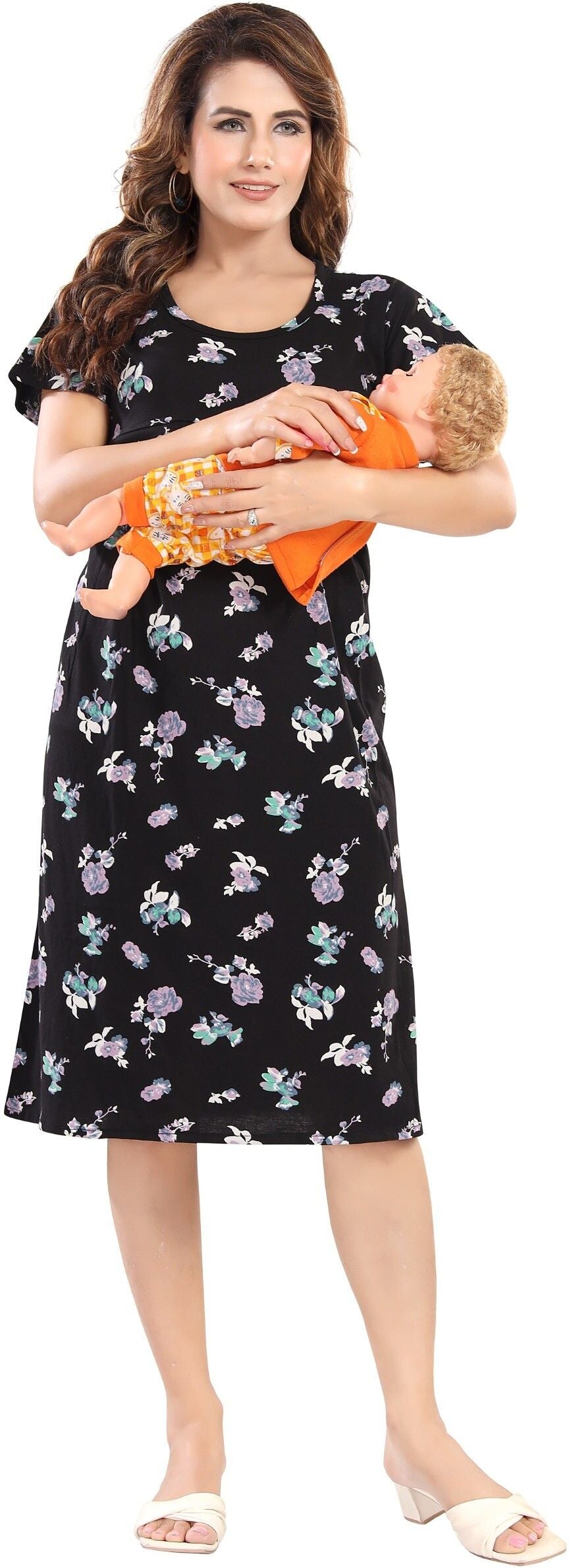 Fabme Women's Pre and Post Pregnancy Below Knee Length Nursing Nighty - Black