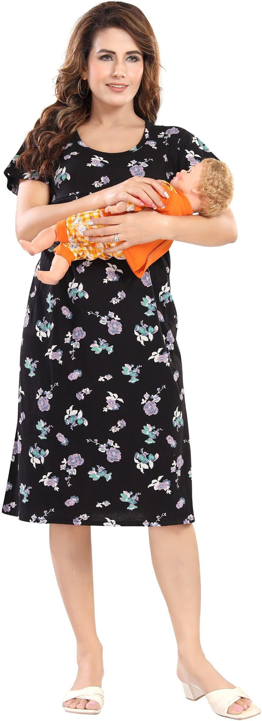 Fabme Women's Pre and Post Pregnancy Below Knee Length Nursing Nighty - Black
