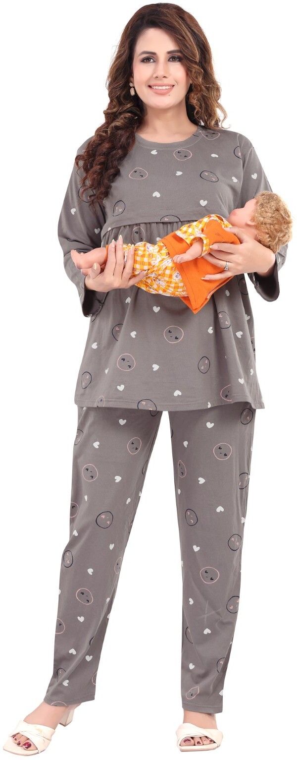 Fabme Pure Cotton Knit Three Fourth Sleeves Printed Night Suit - Grey