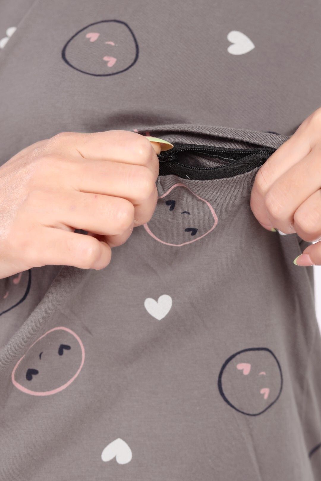 Fabme Pure Cotton Knit Three Fourth Sleeves Printed Night Suit - Grey