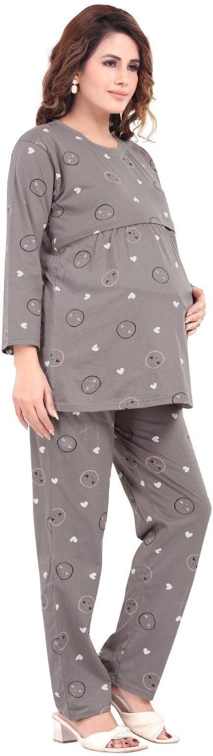 Fabme Pure Cotton Knit Three Fourth Sleeves Printed Night Suit - Grey