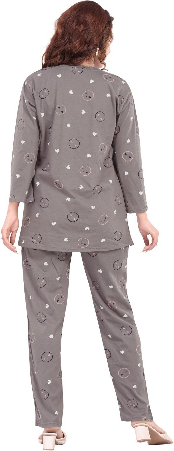 Fabme Pure Cotton Knit Three Fourth Sleeves Printed Night Suit - Grey