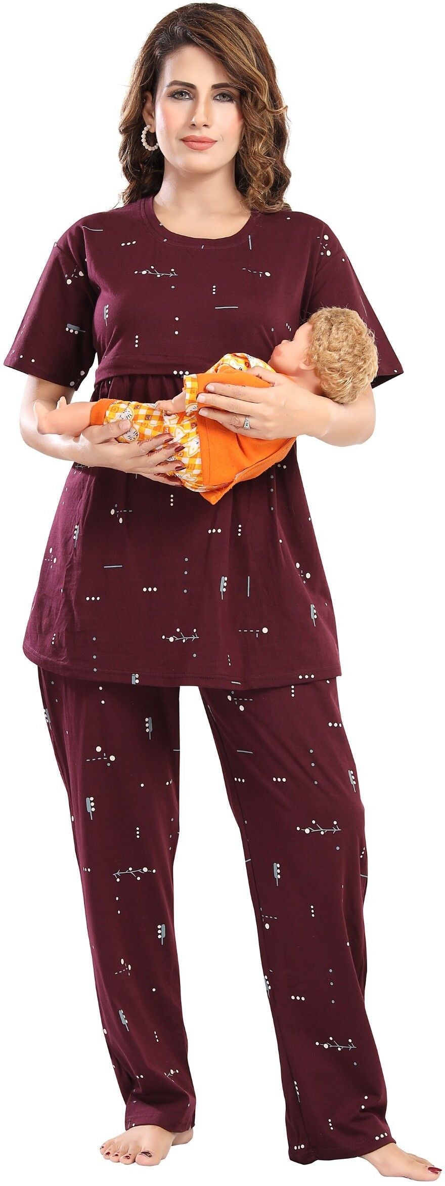 Fabme Pure Cotton Knit Half Sleeves Printed Night Suit - Purple
