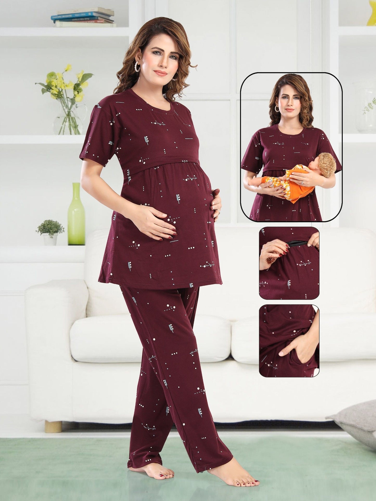 Fabme Pure Cotton Knit Half Sleeves Printed Night Suit - Purple