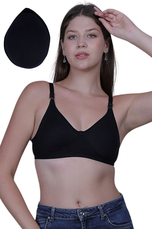 Fabme Mastectomy Cancer Pocket Bra with One Micro Fiber Filled Adjustable Pad | Cotton Bra - Black