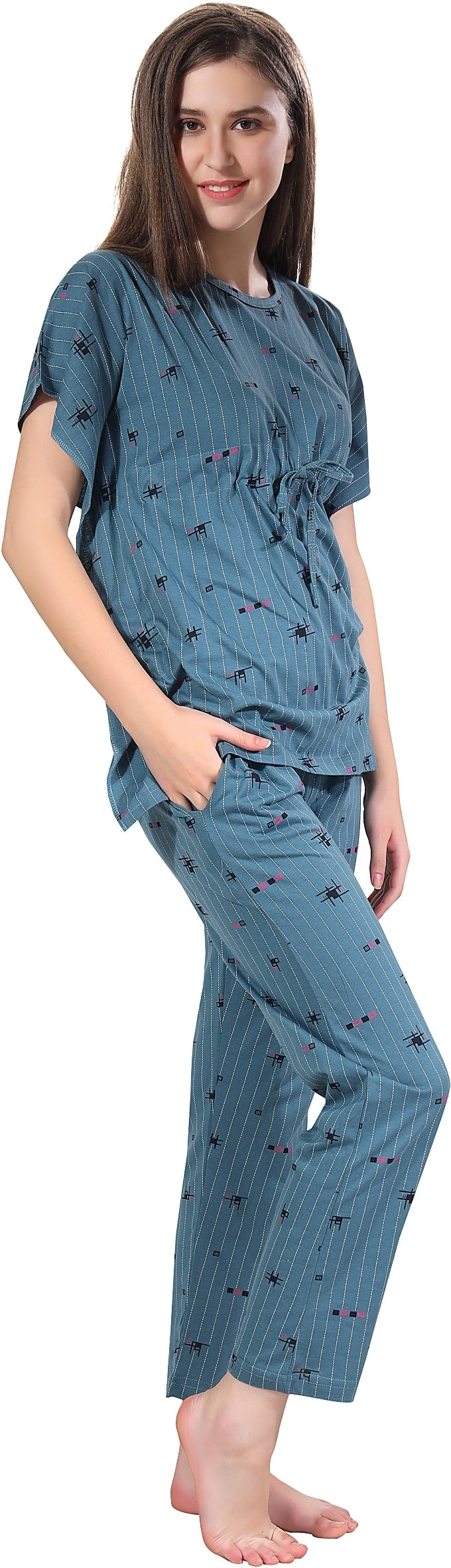 Fabme Women's Light Blue Printed Sinker Cotton EveryDay  Top and Pyjama Set