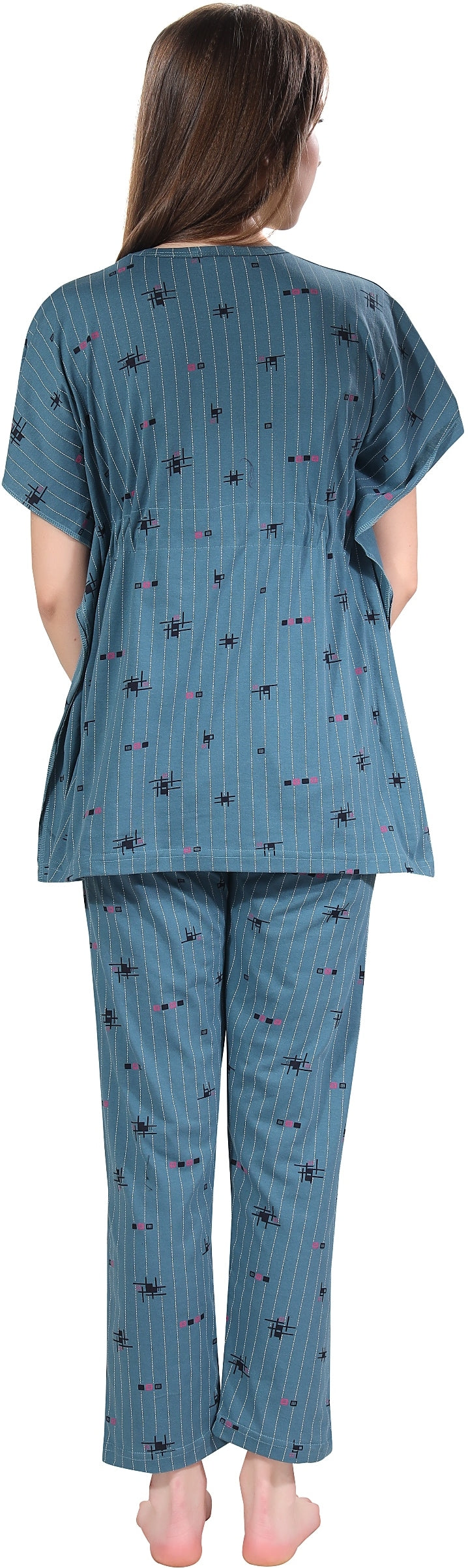 Fabme Women's Light Blue Printed Sinker Cotton EveryDay  Top and Pyjama Set