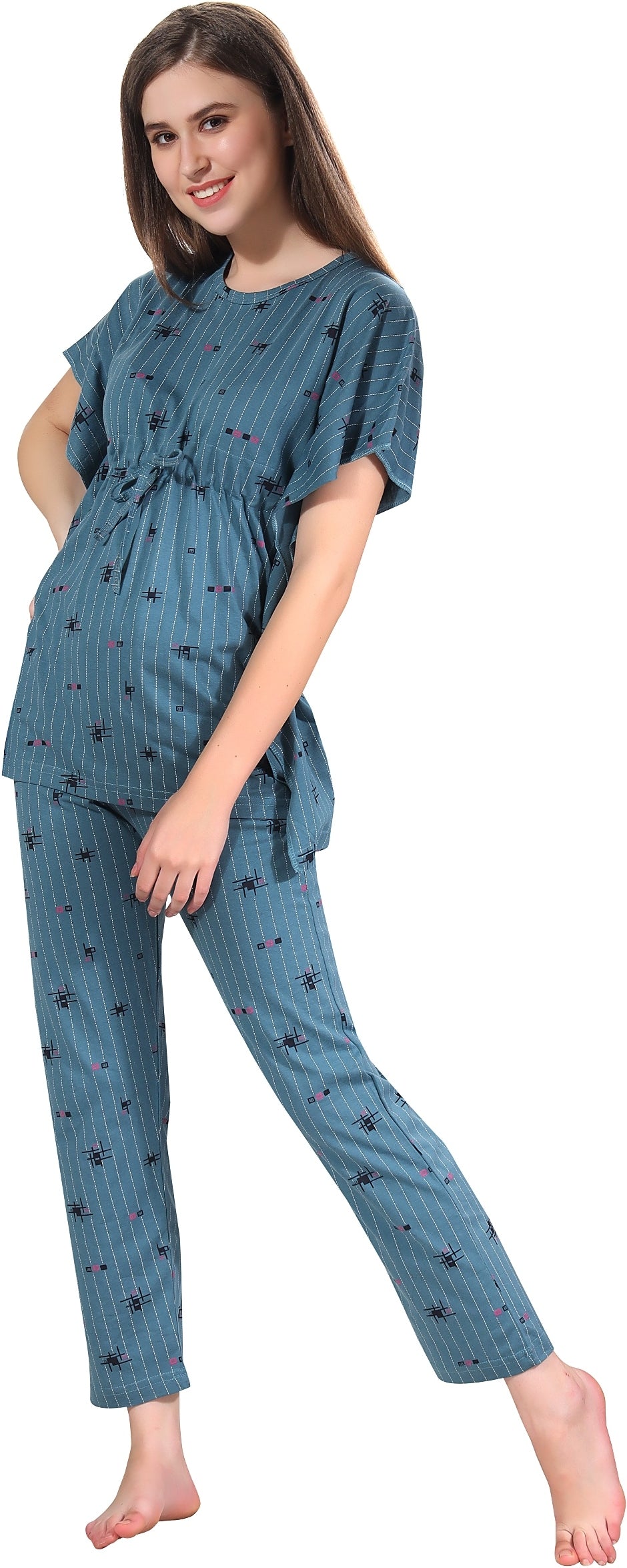 Fabme Women's Light Blue Printed Sinker Cotton EveryDay  Top and Pyjama Set