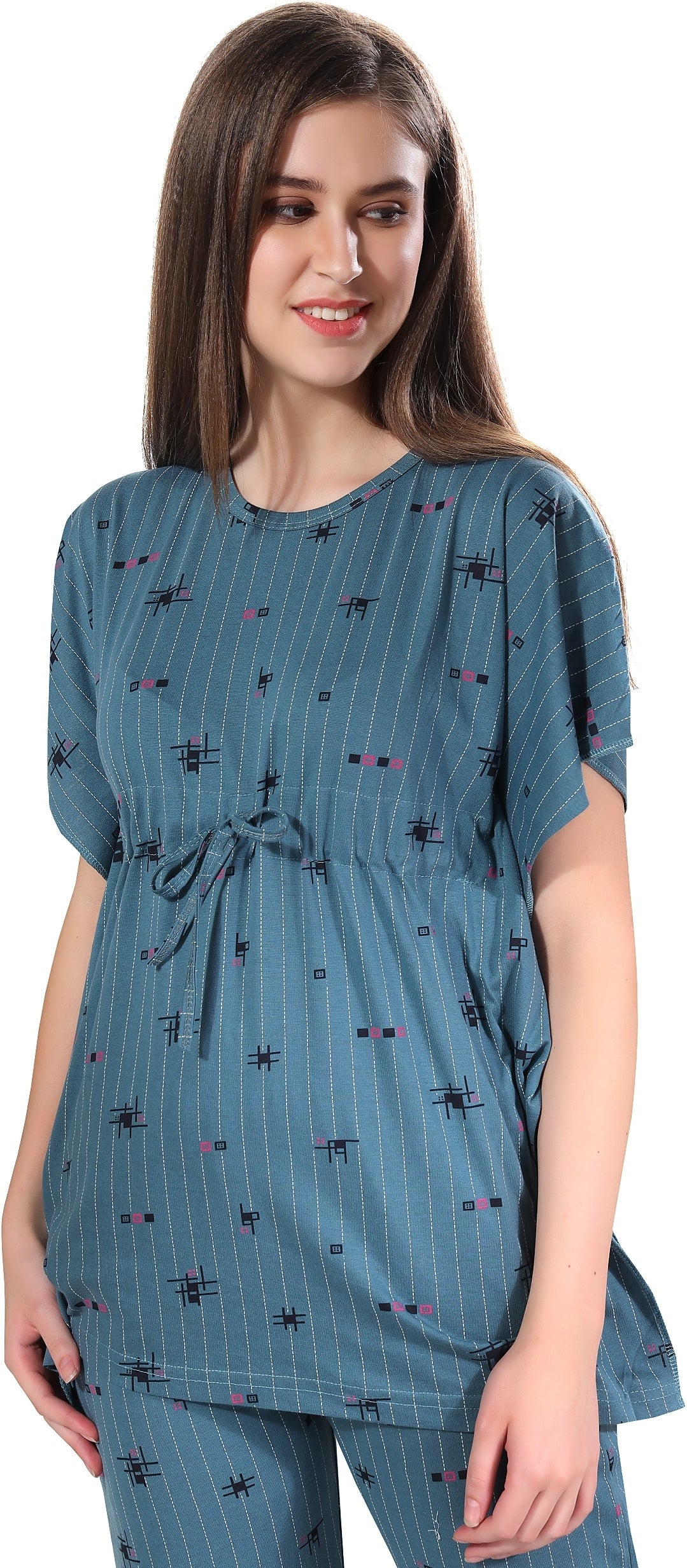 Fabme Women's Light Blue Printed Sinker Cotton EveryDay  Top and Pyjama Set