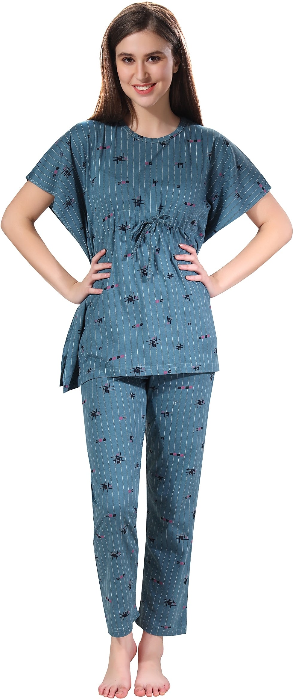 Fabme Women's Light Blue Printed Sinker Cotton EveryDay  Top and Pyjama Set
