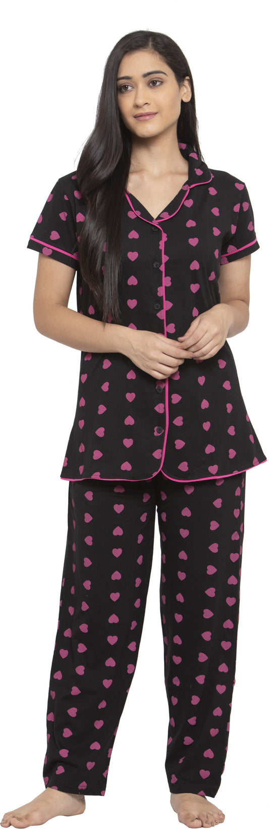 Fabme Women's Black Heart Print Sinker Cotton EveryDay  Top and Pyjama Set