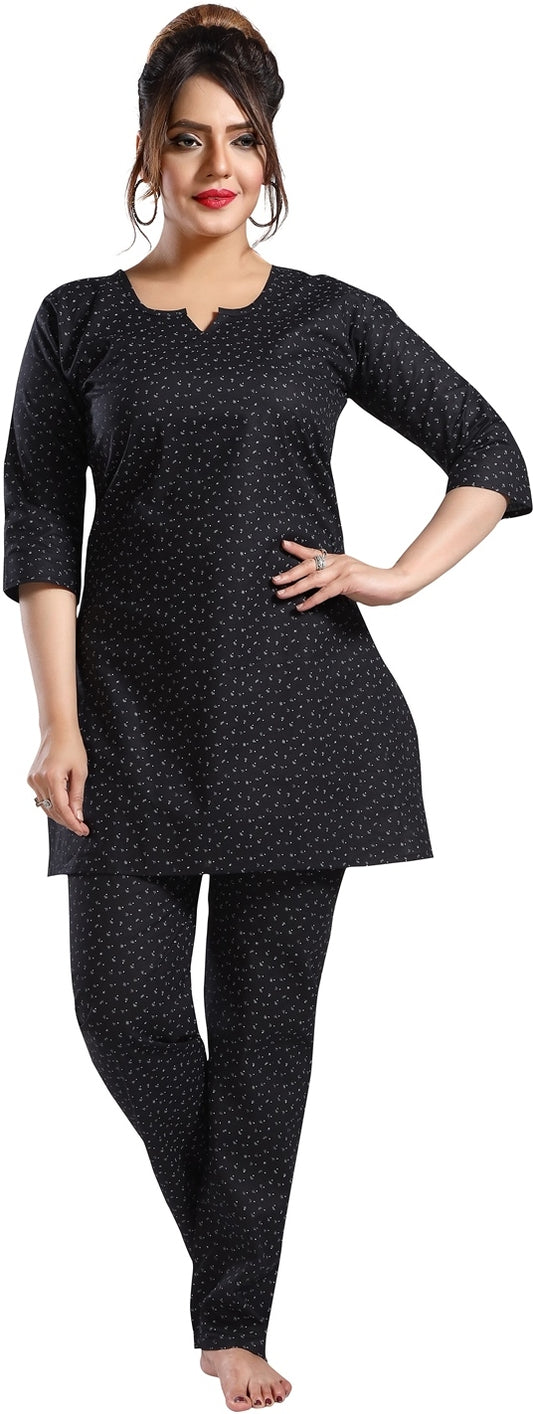 Fabme Women's Black Printed Cotton EveryDay  Co-Ord Set