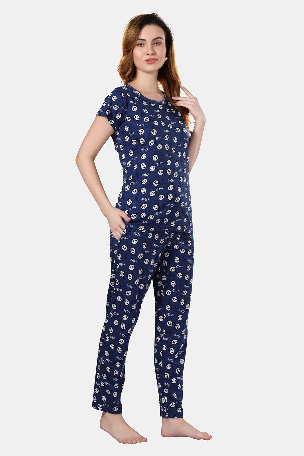 Fabme Women's Blue Printed Pure Cotton EveryDay  Top and Pyjama Set