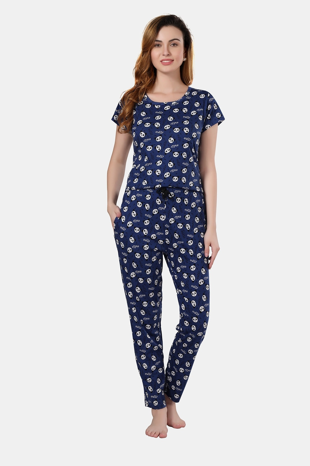 Fabme Women's Blue Printed Pure Cotton EveryDay  Top and Pyjama Set