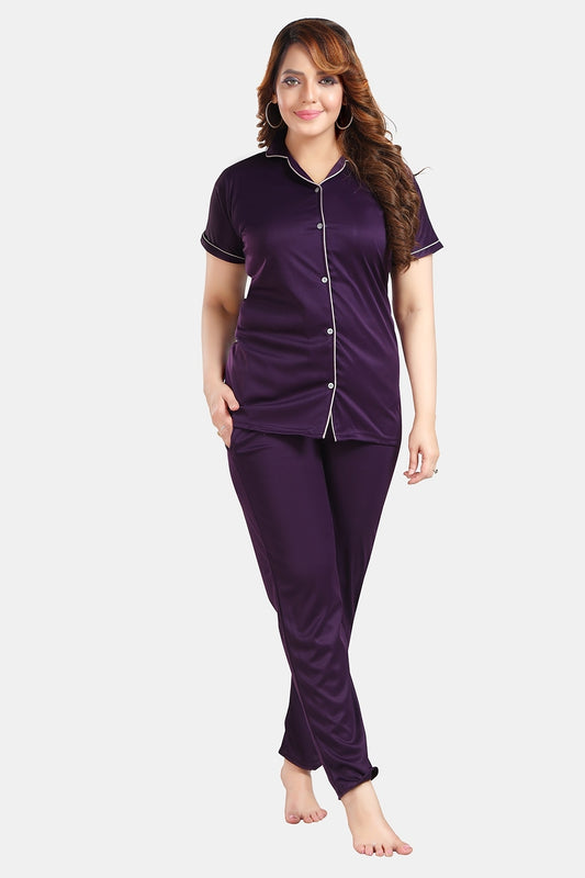 Fabme Women's Purple Printed Viscose Polyester EveryDay  Top and Pyjama Set