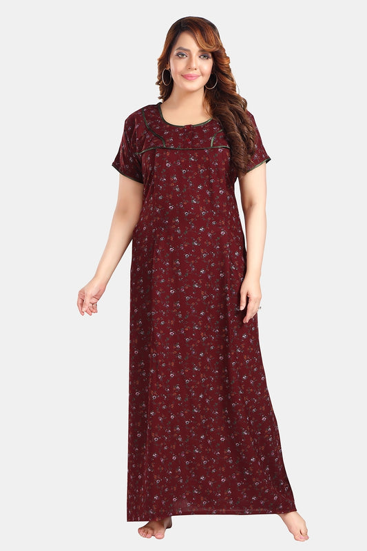 Fabme Women's Maroon Horizontal Zip Alpine Cotton Full Length Maternity Night Dress Nighty