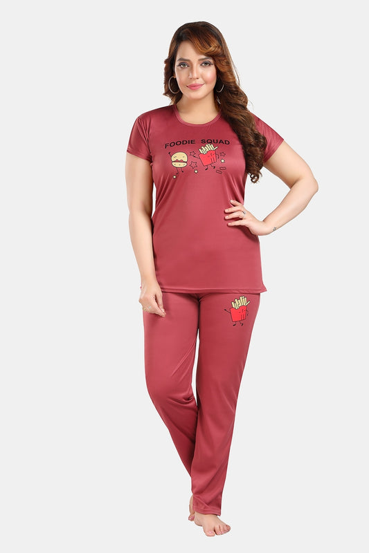 Fabme Women's Red Motif Print Viscose Polyester EveryDay  Top and Pyjama Set