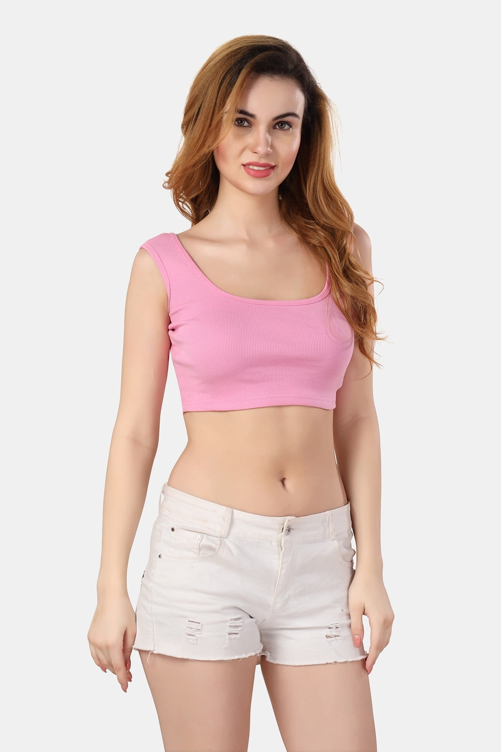 Fabme Women's Rib Pink Square Neck Crop Top