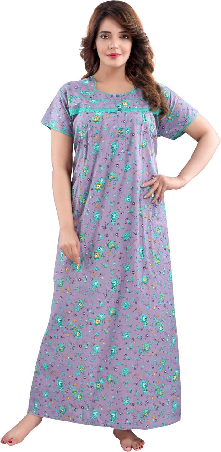 Fabme Women's Lavender Horizontal Zip Cotton Full Length Maternity Night Dress Nighty