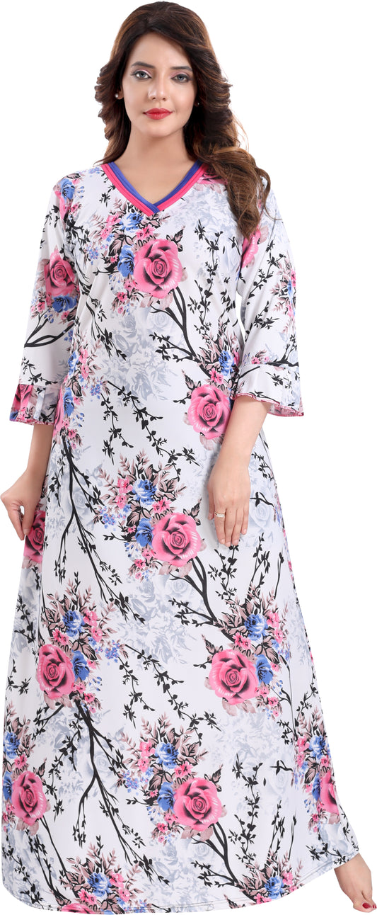 Fabme Women's Pink Printed Sarina Satin / Polyester Full Length EveryDay Night Dress Nighty