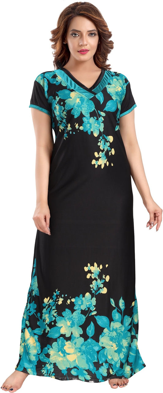 Fabme Women's Sea Green Printed Sarina Satin / Polyester Full Length EveryDay Night Dress Nighty