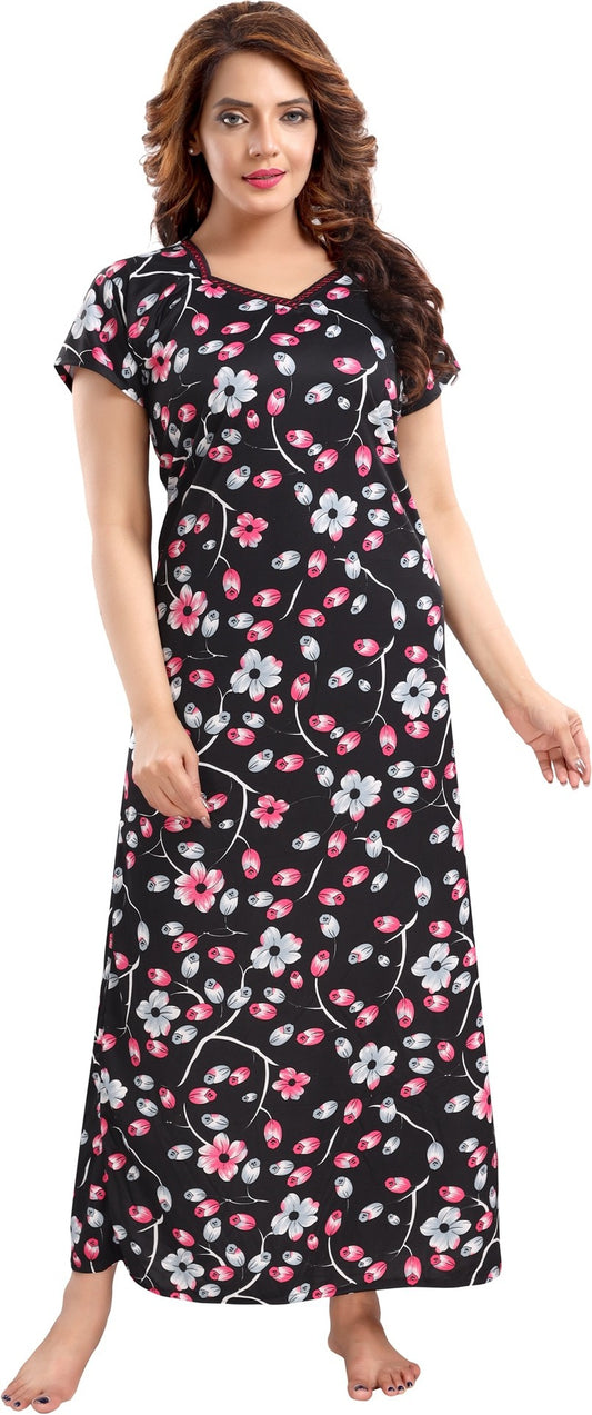 Fabme Women's Pink Printed Sarina Satin / Polyester Full Length EveryDay Night Dress Nighty