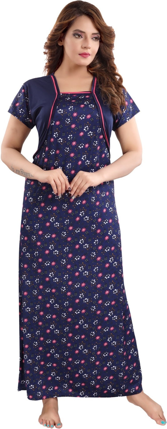 Fabme Women's Navy Blue Printed Sarina Satin / Polyester Full Length EveryDay Night Dress Nighty