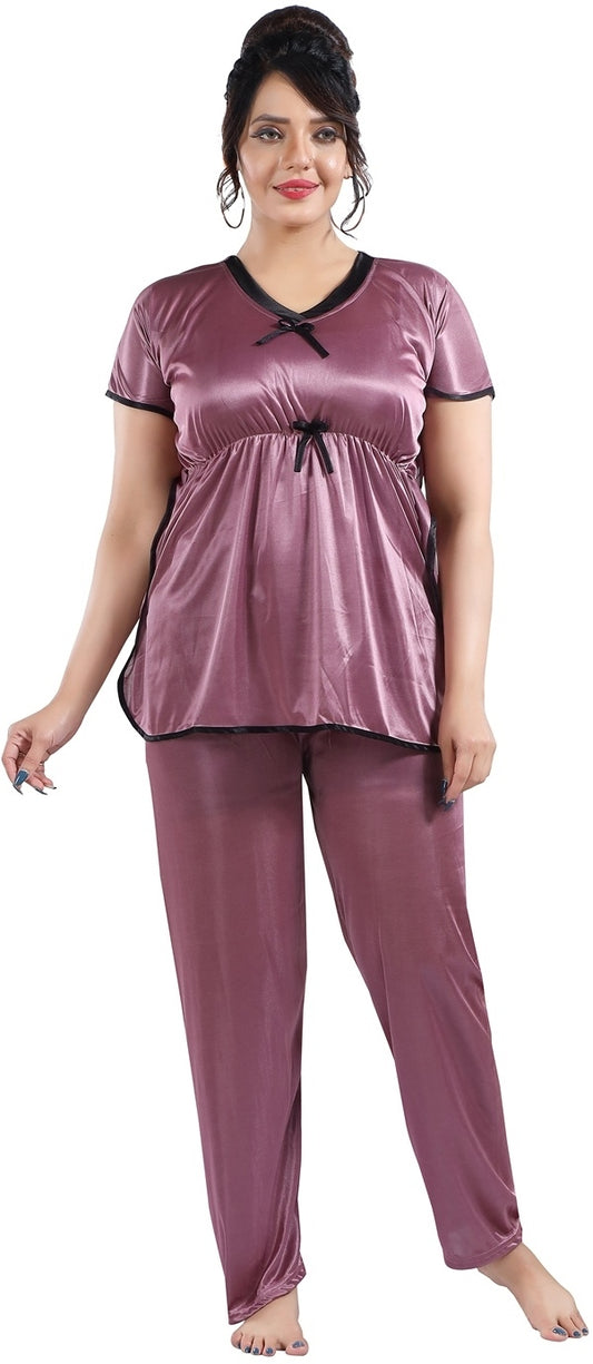 Fabme Women's Light purple Plain Satin EveryDay  Top and Pyjama Set